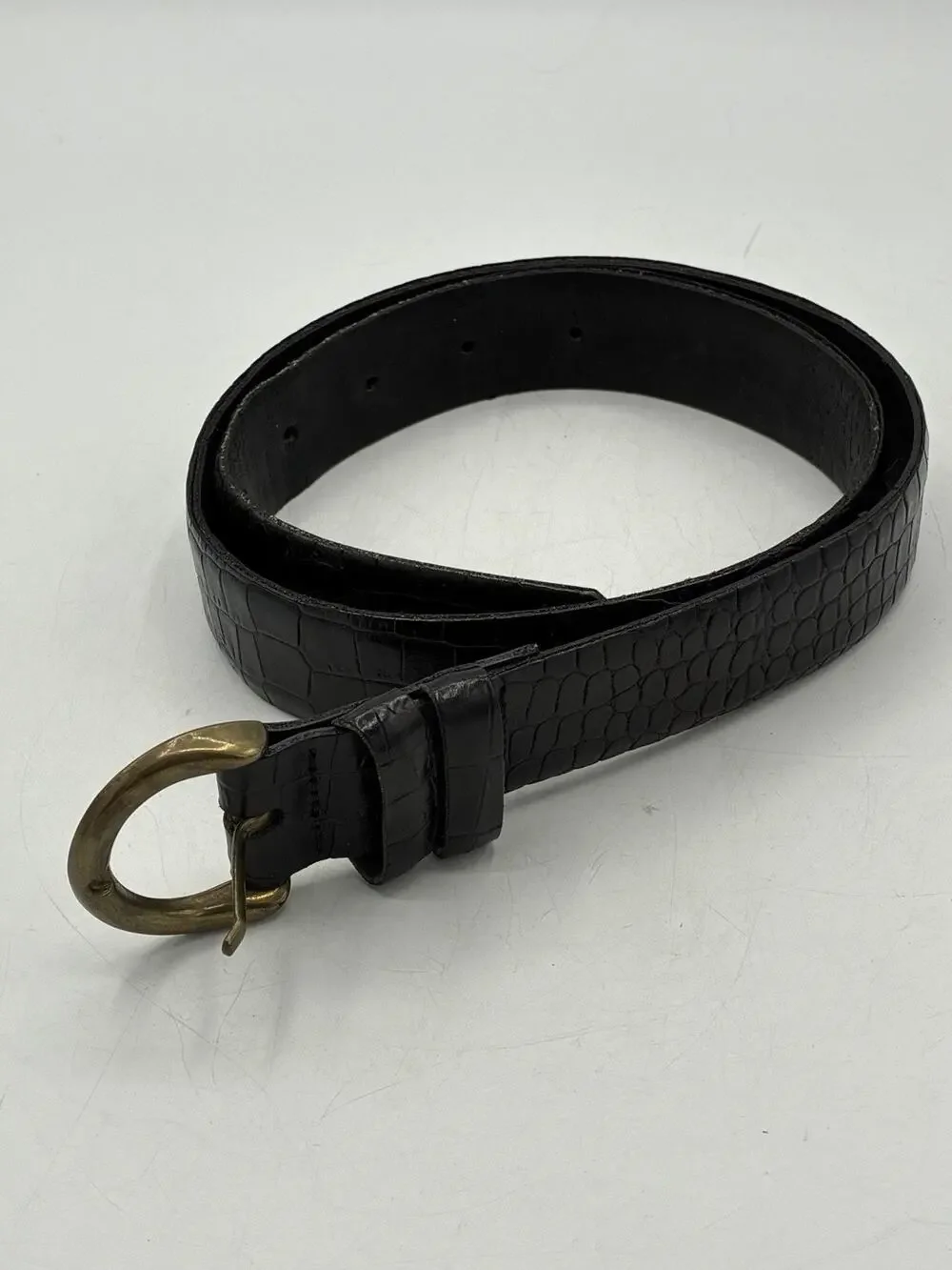 Calvin Klein Black Alligator Embossed Leather Belt Medium Brass Buckle